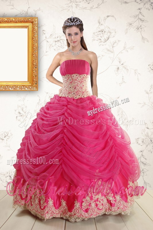 Exquisite Lace Appliques Hot Pink Quinceanera Gowns for 2016