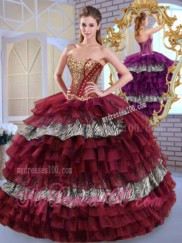 Fashionable Sweetheart Ball Gown Ruffled Layers and Zebra Sweet 16 Dresses