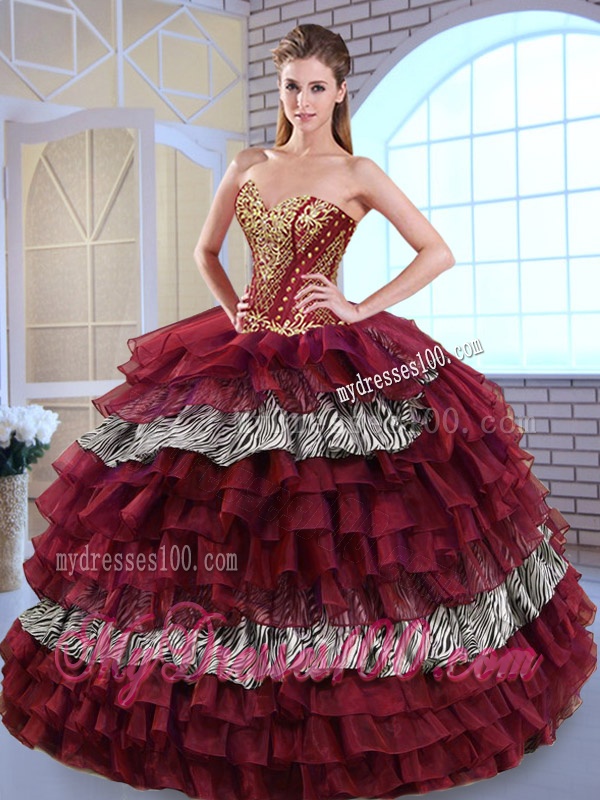 Fashionable Sweetheart Ball Gown Ruffled Layers and Zebra Sweet 16 Dresses