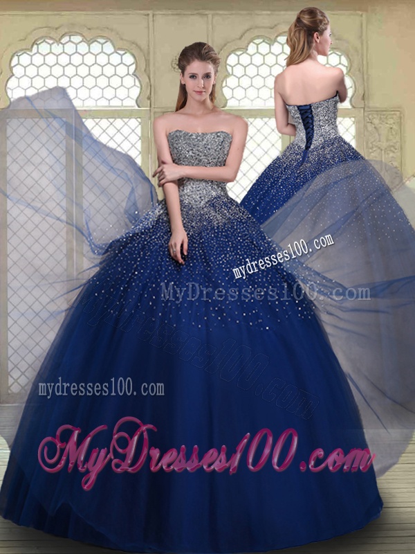 Gorgeous Ball Gown Strapless Quinceanera Gowns in Navy Blue