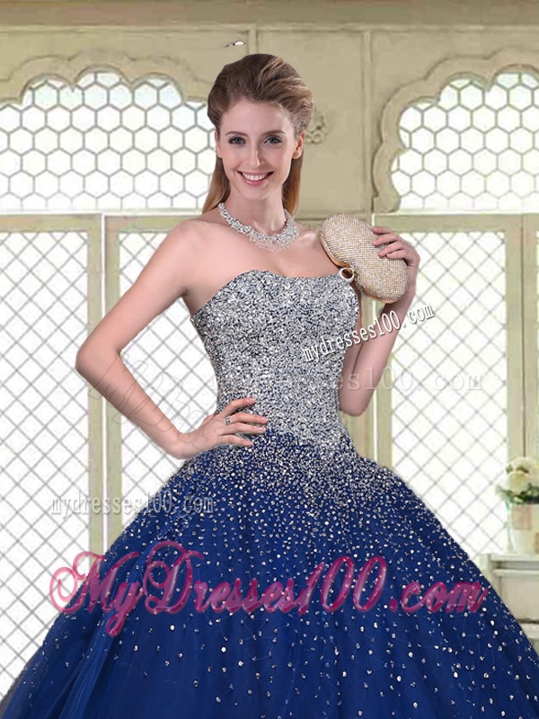 Gorgeous Ball Gown Strapless Quinceanera Gowns in Navy Blue
