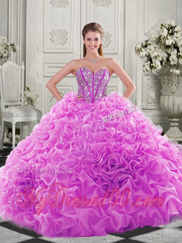 Lovely Puffy Skirt Beaded Bodice and Ruffled Quinceanera Dress in Fuchsia