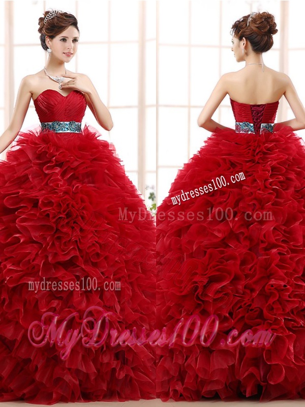 Luxurious Sashed and Ruffled Sweet 16 Dress in Wine Red