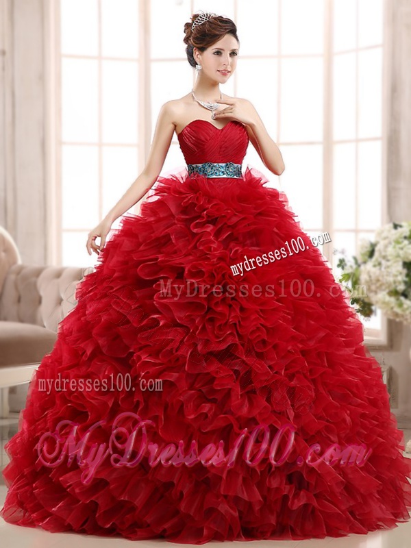 Luxurious Sashed and Ruffled Sweet 16 Dress in Wine Red