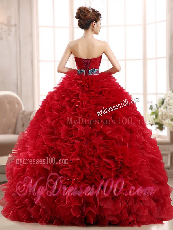 Luxurious Sashed and Ruffled Sweet 16 Dress in Wine Red