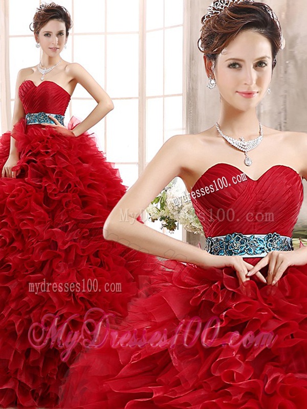 Luxurious Sashed and Ruffled Sweet 16 Dress in Wine Red