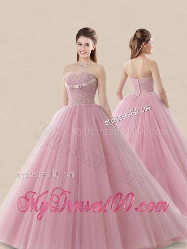 Luxurious Strapless Brush Train Sweet 16 Dress with Lace and Bowknot
