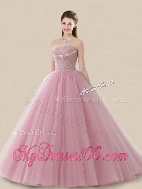 Luxurious Strapless Brush Train Sweet 16 Dress with Lace and Bowknot