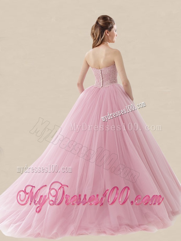 Luxurious Strapless Brush Train Sweet 16 Dress with Lace and Bowknot