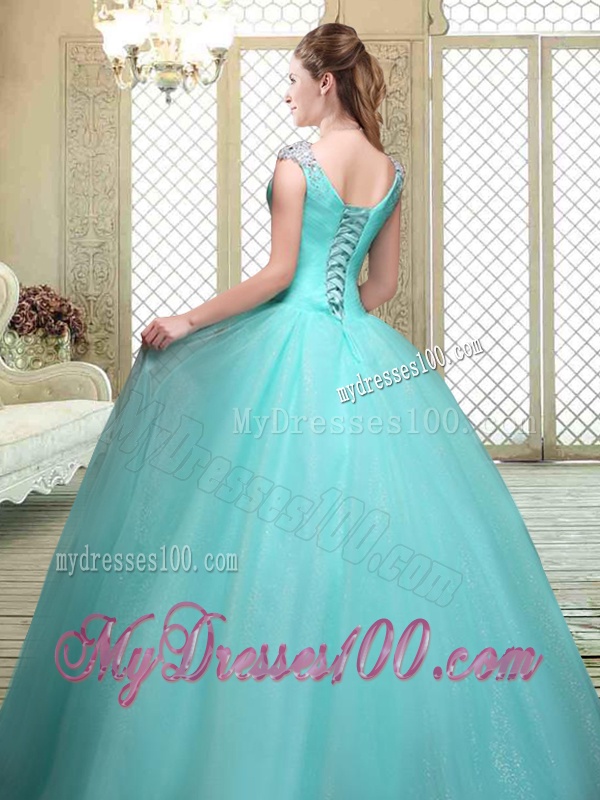 Luxurious Straps Beading Sweet 16 Dresses in Aqua Blue