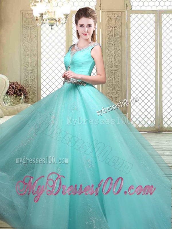 Luxurious Straps Beading Sweet 16 Dresses in Aqua Blue
