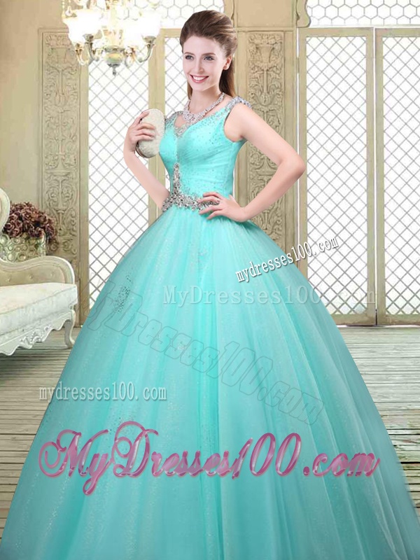 Luxurious Straps Beading Sweet 16 Dresses in Aqua Blue