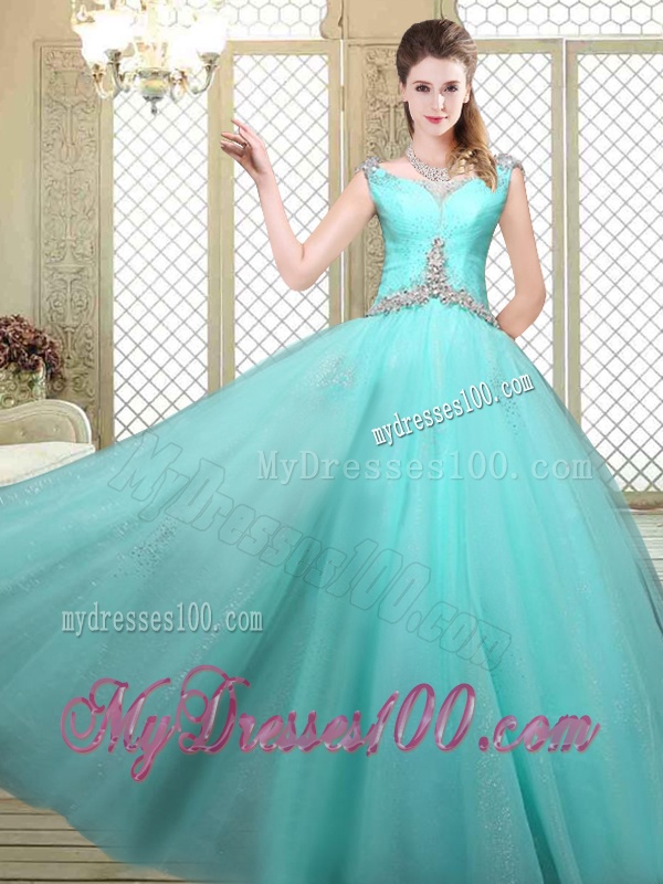 Luxurious Straps Beading Sweet 16 Dresses in Aqua Blue
