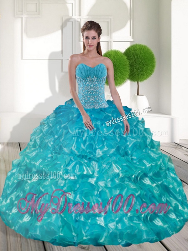 Luxurious Sweetheart Teal Sweet 15 Dresses with Appliques and Ruffled Layers