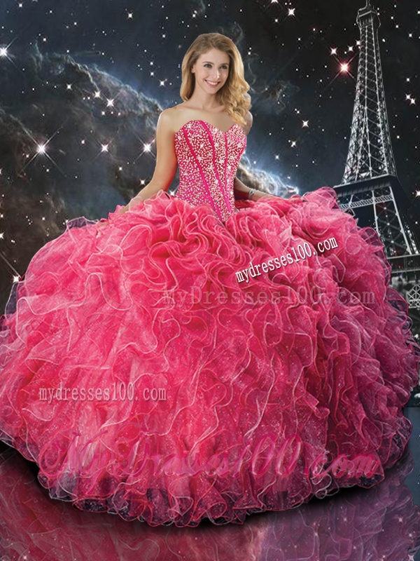 Modest Coral Red Sweetheart Quinceanera Dresses with Beading and Ruffles