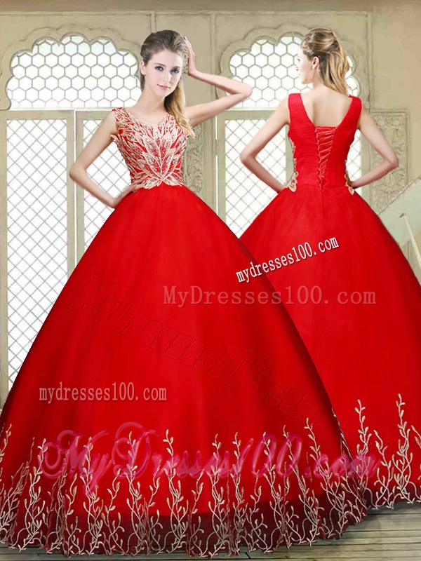 New Style Scoop Lace Up Quinceanera Gowns with Appliques