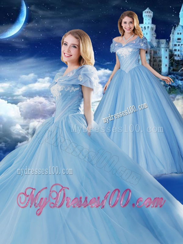 Off the Shoulder Brush Train Applique Quinceanera Gown with Removable Cap Sleeves
