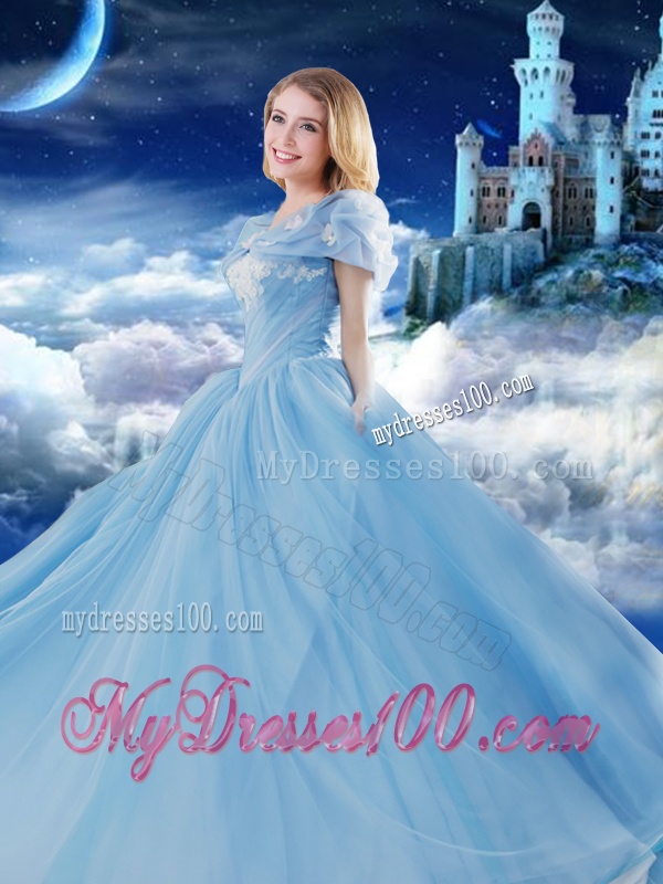 Off the Shoulder Brush Train Applique Quinceanera Gown with Removable Cap Sleeves