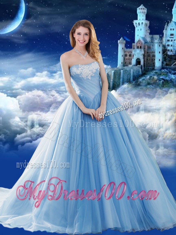 Off the Shoulder Brush Train Applique Quinceanera Gown with Removable Cap Sleeves