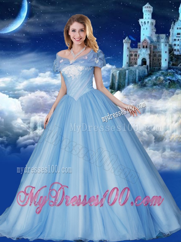Off the Shoulder Brush Train Applique Quinceanera Gown with Removable Cap Sleeves