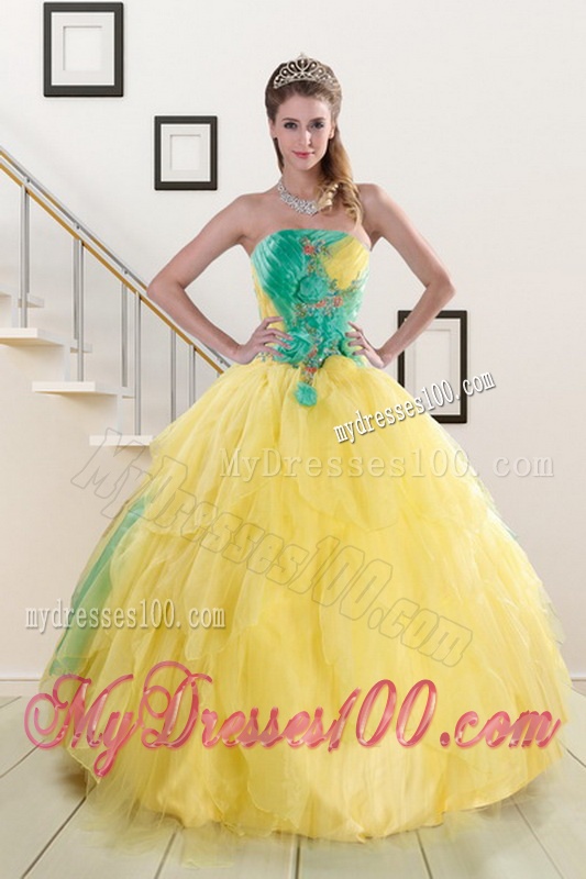Popular 2016 Strapless Yellow and Green Sweet 15 Dresses with Ruching