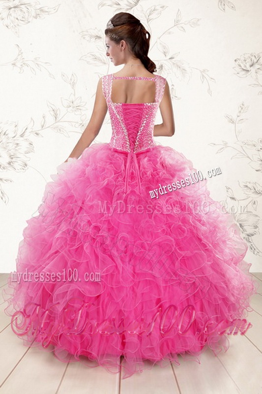 Popular 2016 Sweetheart Hot Pink Quinceanera Gown with Beading and Ruffles