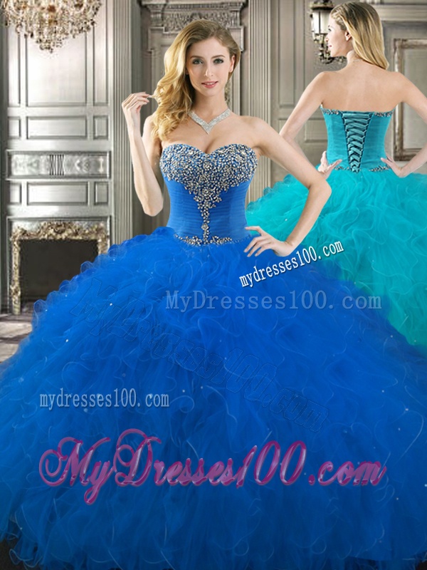 Popular Beaded Bodice and Ruffled Really Puffy Quinceanera Dress in Royal Blue