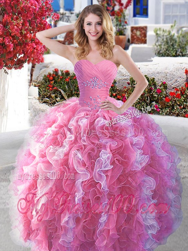 Popular Rose Pink and White Quinceanera Dress with Beading and Ruffles