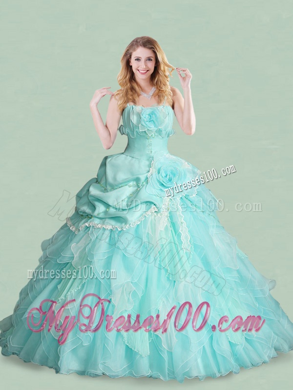 Popular Spaghetti Straps Brush Train Quinceanera Dress with Handcrafted Flowers and Bubbles