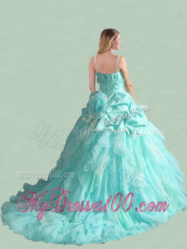 Popular Spaghetti Straps Brush Train Quinceanera Dress with Handcrafted Flowers and Bubbles