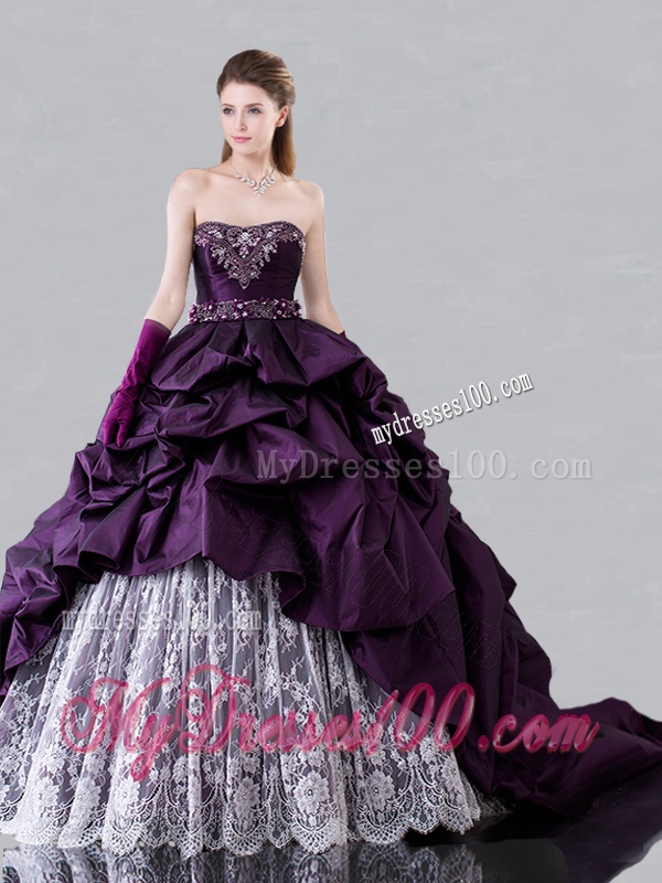 Pretty Brush Train Beaded and Bubble Sweet 16 Dress in Taffeta and Lace