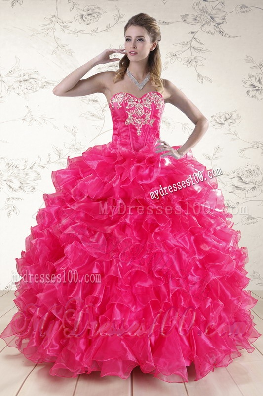 Pretty Hot Pink Sweet 15 Dresses with Appliques and Ruffles