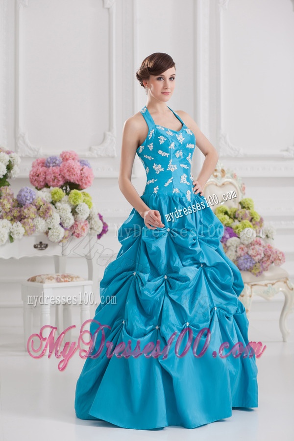 Princess Taffeta Appliques Ruffles Teal Quinceanera Dress with Halter Top