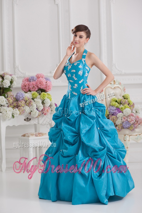 Princess Taffeta Appliques Ruffles Teal Quinceanera Dress with Halter Top