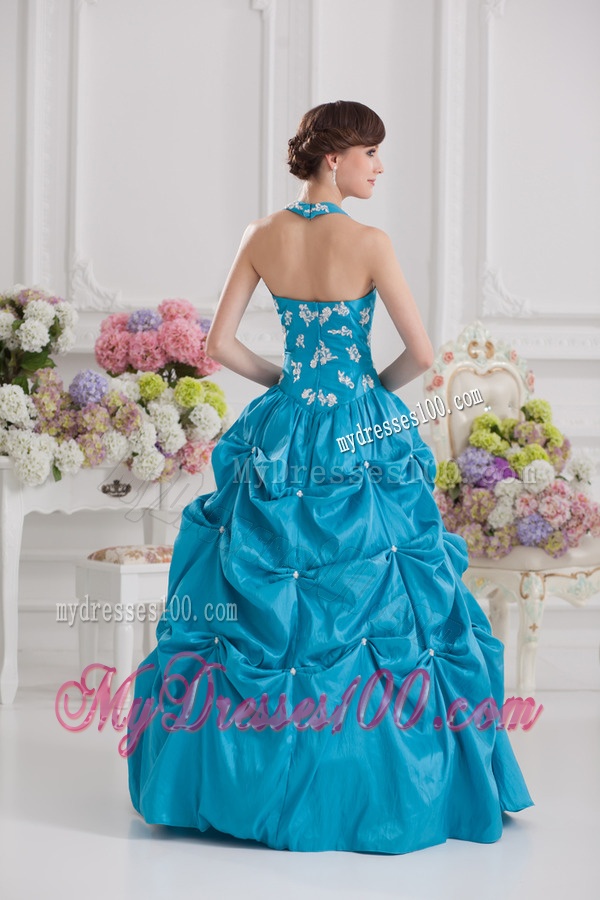 Princess Taffeta Appliques Ruffles Teal Quinceanera Dress with Halter Top