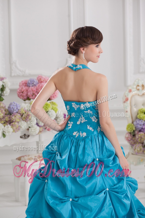 Princess Taffeta Appliques Ruffles Teal Quinceanera Dress with Halter Top