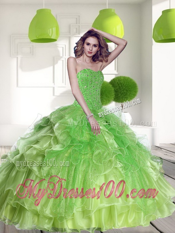 Remarkable Spring Green 2016 Quinceanera Dress with Beading and Ruffles