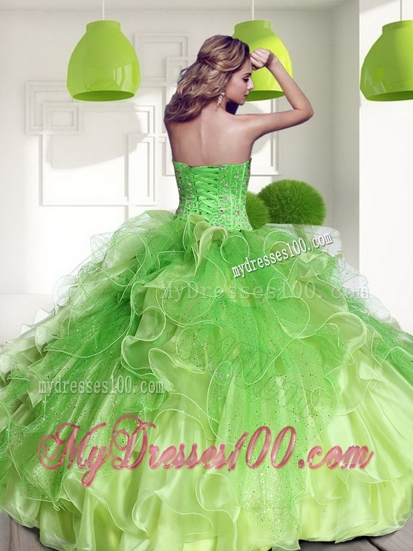 Remarkable Spring Green 2016 Quinceanera Dress with Beading and Ruffles