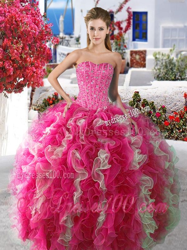 Romantic Rose Pink and White Organza Quinceanera Dress with Beading and Ruffles