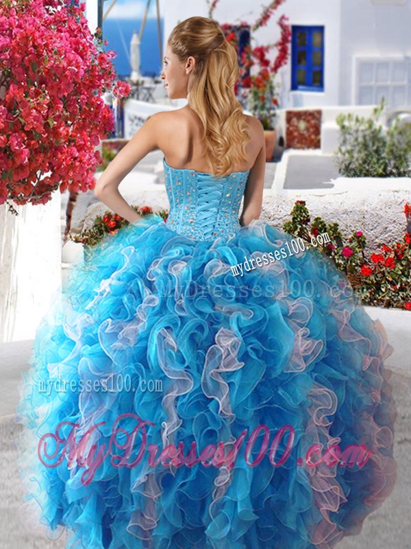 Romantic Rose Pink and White Organza Quinceanera Dress with Beading and Ruffles
