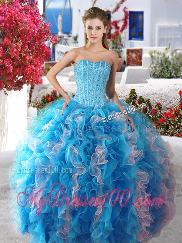 Romantic Rose Pink and White Organza Quinceanera Dress with Beading and Ruffles