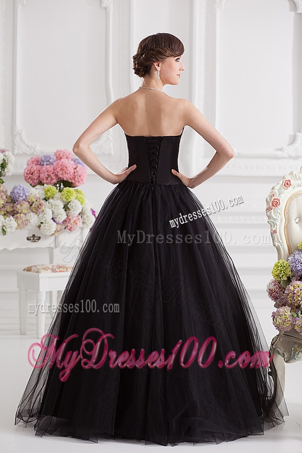 Simple A-line Strapless Tulle Black Quinceanera Dress with Ruffles