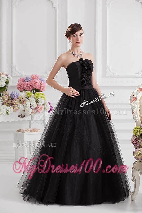 Simple A-line Strapless Tulle Black Quinceanera Dress with Ruffles