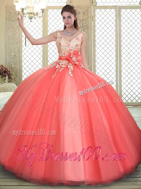 Spring Straps Quinceanera Dresses with Appliques and Hand Made Flowers