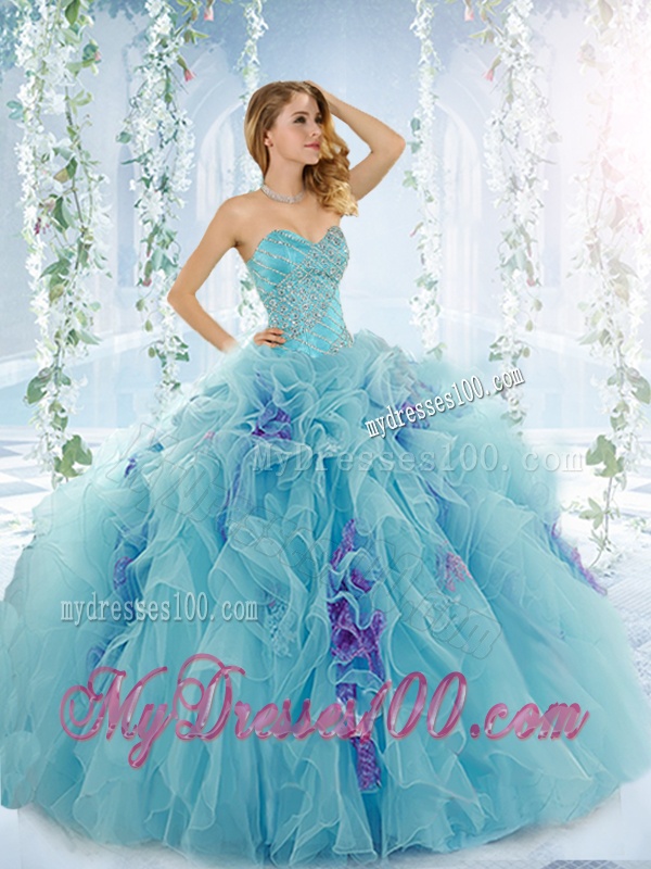 Sweet Beaded Aque Blue Detachable Quinceanera Dresses in Organze