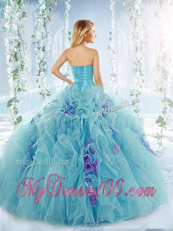 Sweet Beaded Aque Blue Detachable Quinceanera Dresses in Organze