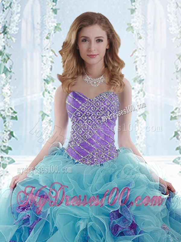 Sweet Beaded Aque Blue Detachable Quinceanera Dresses in Organze