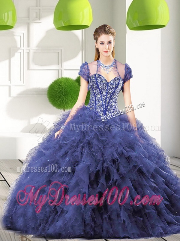 Trendy Navy Blue Quinceanera Gown with Beading and Ruffles for 2016