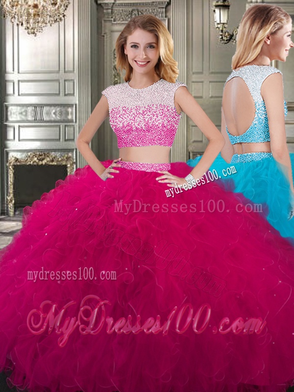 Two Piece Scoop Cap Sleeves Quinceanera Dress with Beading and Ruffles