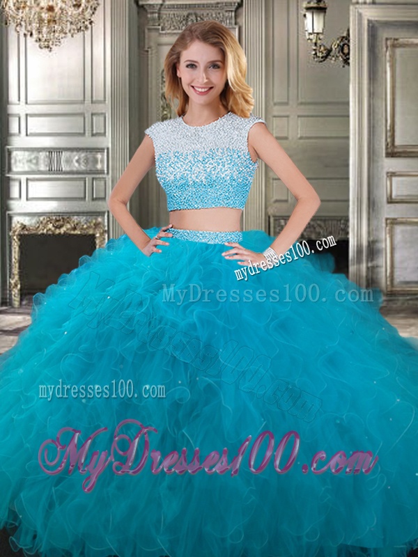 Two Piece Scoop Cap Sleeves Quinceanera Dress with Beading and Ruffles